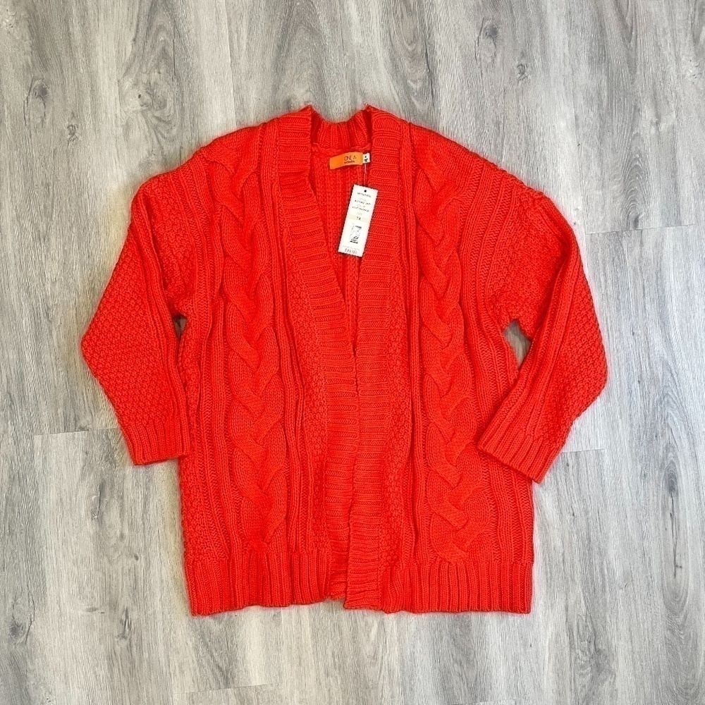 One A Women Long Sleeve Open Front Orange Cardigan